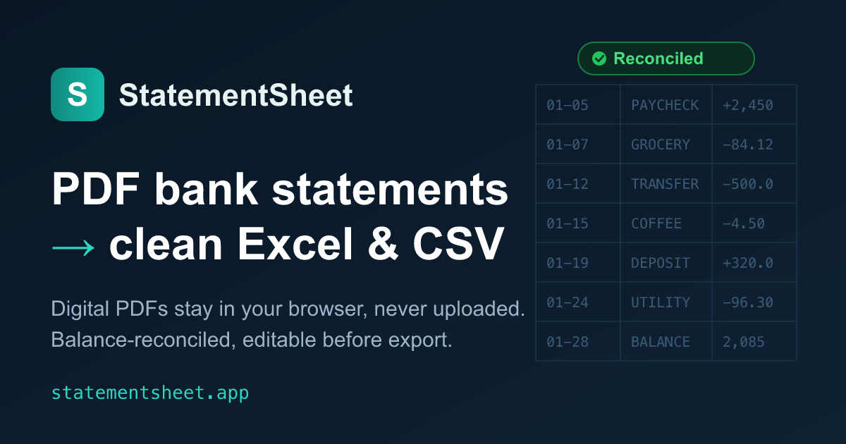 Bank Statement Converter — PDF to Excel & CSV | StatementSheet
